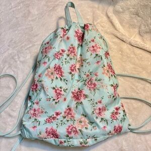 Floral Rucksack Seafoam Floral Pink Green Back Zip Drawstring Close Ties